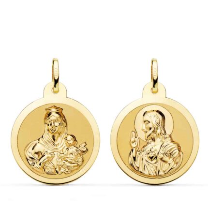 Medalla Escapulario 22 mm Virgen del Carmen y Corazón de Jesús Oro Amarillo 18K Borde Brillo