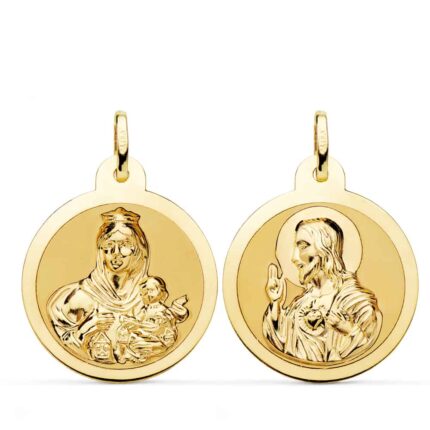 Medalla Escapulario Corazón de Jesús - V. del Carmen de 24 mm en Oro Amarillo 18K Borde Brillo