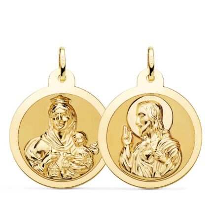 Medalla Escapulario Corazón de Jesús - V. del Carmen de 26 mm en Oro Amarillo 18K Borde Brillo