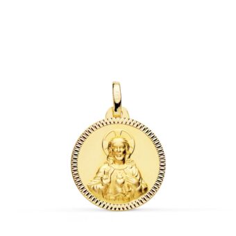 Medalla Sagrado Corazón de Jesús 18 mm Oro Amarillo 18K Tallado Lateral