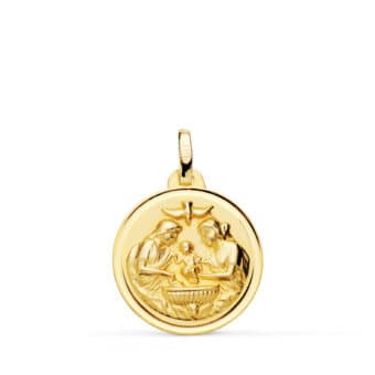 Medalla Bebé 18 mm Escena Bautizo Jesús en Oro Amarillo 18 Quilates Bisel