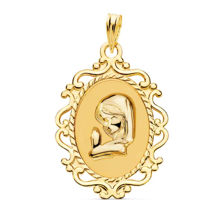 Medalla Comunión Virgen Niña 27 x 21mm en Oro Amarillo 18K Calado - Imagen 1