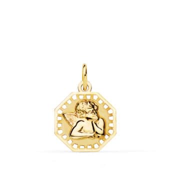 Medalla Bebé 14 mm en Oro Amarillo 18K con Ángel Burlón Octogonal