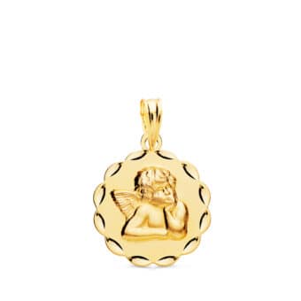 Medalla Bebé 17 mm Ángel Burlón en Oro Amarillo 18 Quilates Tallas Arco