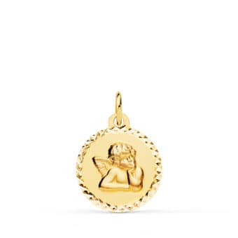 Medalla Bebé 16 mm Ángel Burlón en Oro Amarillo 18 Quilates Talla Cruzada