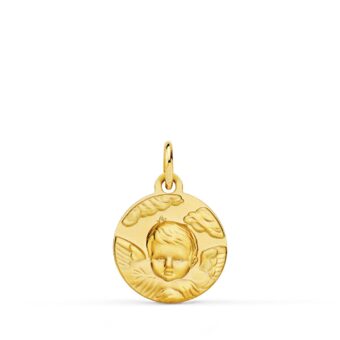 Medalla Bebé 14 mm Oro Amarillo 18K "Ángel Niño" Nubes y Matizada