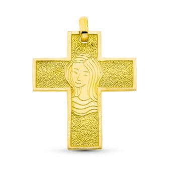 Cruz 30 x 25 mm en Oro Amarillo de 18K Tallado y Virgen