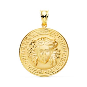 Colgante 25 mm Oro Amarillo 18 Quilates Medalla Medusa con Greca