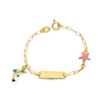 Pulsera Tipo Esclava Bebé 13 cm Oro Amarillo 18K con Delfín y Estrella Esmalte