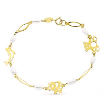 Pulsera Niña 18 cm Oro Amarillo 18 Quilates Perlas y Animales