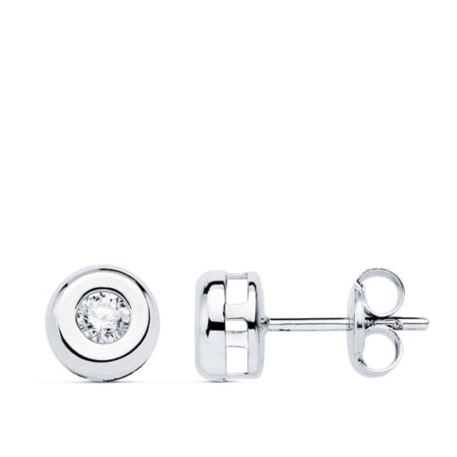 Pendientes 6,5 mm Oro Blanco 18K Chatón y Diamantes 0,20 ct