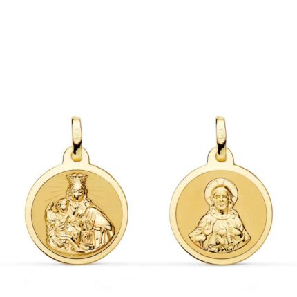 Medalla Escapulario 16 mm Virgen del Carmen y Corazón de Jesús Oro Amarillo 18K Borde Brillo