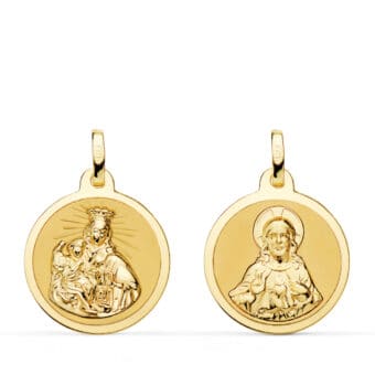 Medalla Escapulario 18 mm Virgen del Carmen y Corazón de Jesús Oro Amarillo 18K Borde Brillo
