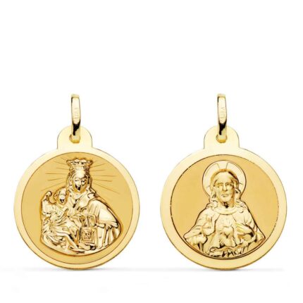 Medalla Escapulario 20 mm Virgen del Carmen y Corazón de Jesús Oro Amarillo 18K Borde Brillo