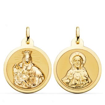 Medalla Escapulario 24 mm Virgen del Carmen y Corazón de Jesús Oro Amarillo 18k Borde Brillo