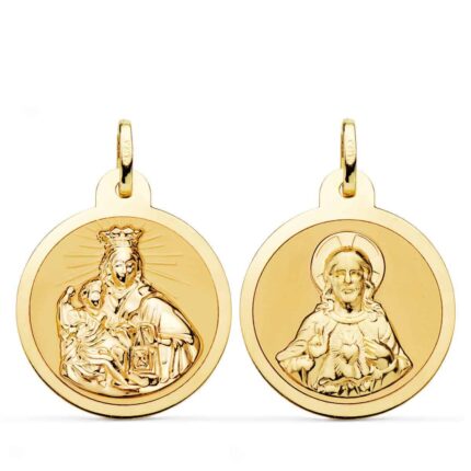 Medalla Escapulario 24 mm Virgen del Carmen y Corazón de Jesús Oro Amarillo 18k Borde Brillo