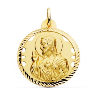 Medalla Sagrado Corazón de Jesús 30 mm Oro Amarillo 18K con Tallas y Calado