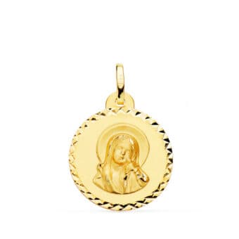 Medalla Virgen María y Espíritu Santo 20 mm en Oro Amarillo 18 Quilates Tallado