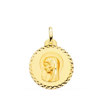 Medalla Virgen María (Regina Caelorum) Comunión 20 mm en Oro Amarillo 18 Quilates con Tallado
