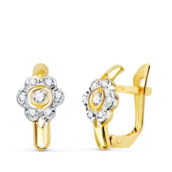 Pendientes Niña Comunión 12 x 6 mm Oro Bicolor 18 Quilates Flor Circonitas