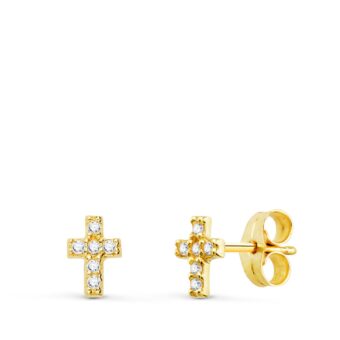 Pendientes 6 X 4 mm Oro Amarillo 18K Cruz y Diamantes 0,06 ct