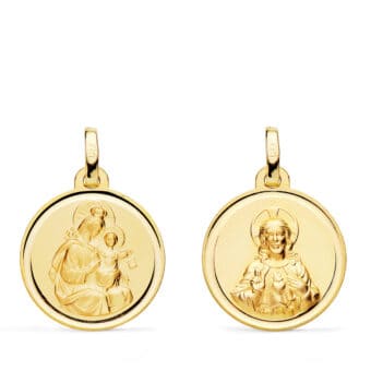Medalla Corazón de Jesús – V. del Carmen de 18 mm en Oro Amarillo 18K Bisel