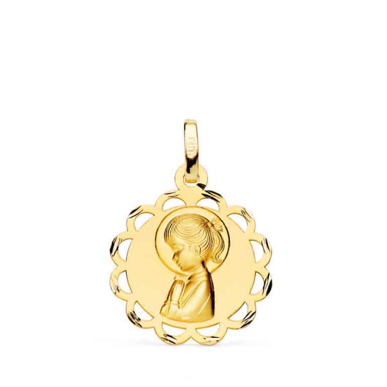 Medalla Comunión Pandereta Virgen Niña 19 mm en Oro Amarillo 18 Quilates Calado - Imagen 1