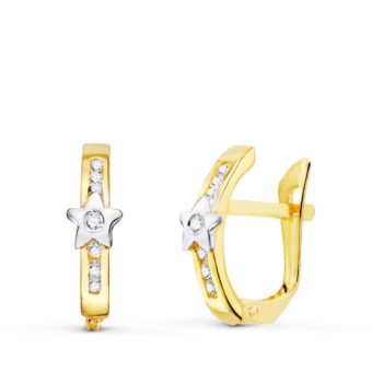 Pendientes Niña Comunión 13 x 3 mm Oro Bicolor 18 Quilates Pieza con Estrella y Circonitas