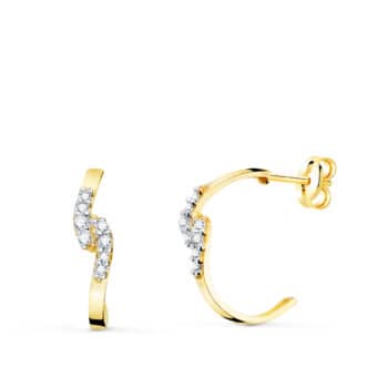 Pendientes Medio Aro 15 x 3 mm Oro Bicolor 18K con Piezas Curvas Circonitas