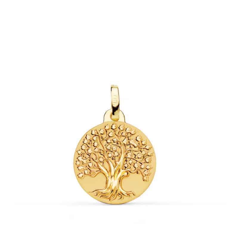Colgante Árbol de la Vida 16 mm Oro Amarillo 18 Quilates Medalla Mate Brillo - Imagen 1