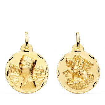 Medalla Escapulario 20 mm Virgen de Montserrat y San Jorge en Oro Amarillo 18K Bisel