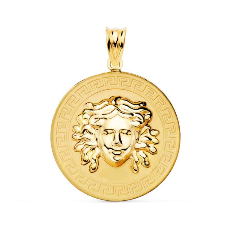 Colgante Medusa Oro Amarillo 18 Quilates 25 mm Medalla con Greca - Imagen 1