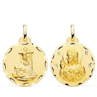 Medalla Escapulario 24 mm Virgen de las Angustias y Corazón de Jesús en Oro Amarillo 18K Tallada