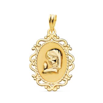 Medalla Comunión Virgen Niña 23 x 16 mm en Oro Amarillo 18 Quilates Calado