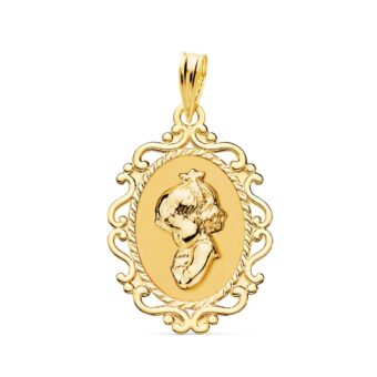 Medalla Comunión Virgen Niña 23 x 16 mm en Oro Amarillo 18 Quilates Calado