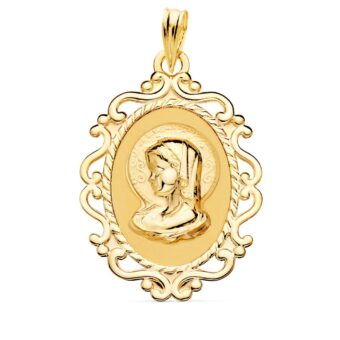 Medalla Comunión Virgen Niña 31 x 21 mm en Oro Amarillo 18 Quilates Calado