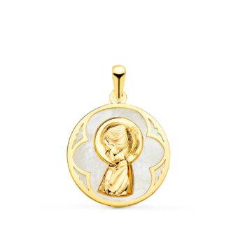 Medalla Niña Rezando 18 mm Oro Amarillo 18K con Nácar