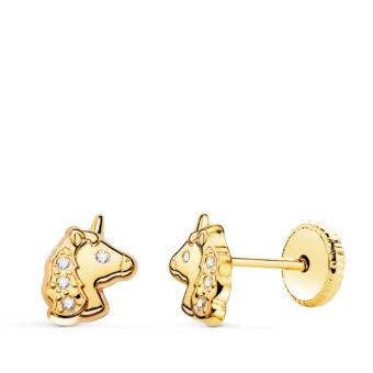 Pendientes Bebé 7,5 x 6 mm en Oro Amarillo 18 Quilates Unicornios con Circonitas