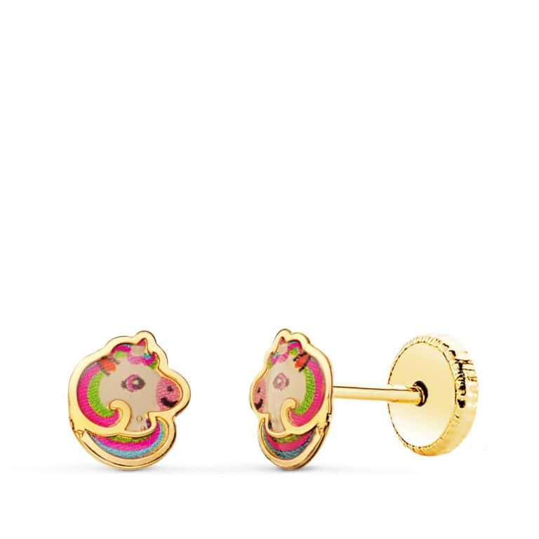 Pendientes Bebé 6 x 5 mm Oro Amarillo 18 Quilates Unicornios Esmalte Multicolor - Imagen 1