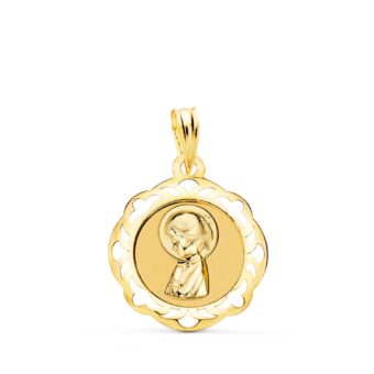 Medalla Comunión Virgen Niña 20 x 18 mm en Oro Amarillo 18 Quilates Calado