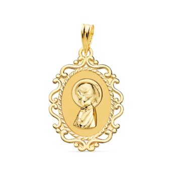 Medalla Comunión Virgen Niña 23 x 16 mm en Oro Amarillo 18 Quilates Calado