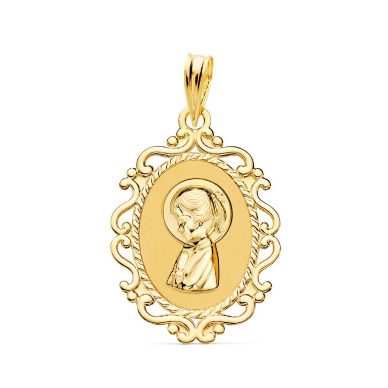 p9259-vn22 Medalla Comunión Virgen Niña 23 x 16 mm en Oro Amarillo 18 Quilates Calado - Imagen 1
