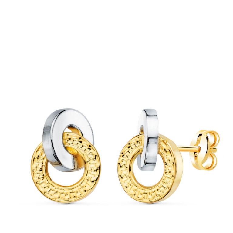 21295 Pendientes Círculos Liso y Greca 10 × 7 mm en Oro Bicolor 18 Quilates - Imagen 1