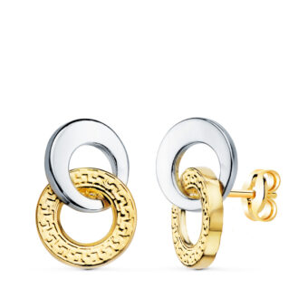 Pendientes Círculos Liso y Greca 13 × 9 mm en Oro Bicolor 18 Quilates