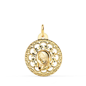 Medalla Virgen Niña 23 x 20 mm en Oro Amarillo 18 Quilates Calada y Tallada