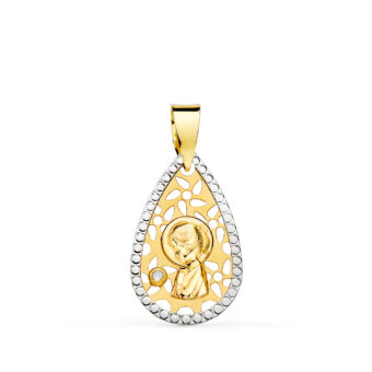 Medalla Virgen Niña 19 ×12 mm en Oro Bicolor 18 Quilates Calada