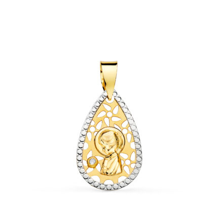 Medalla Virgen Niña 19 ×12 mm en Oro Bicolor 18 Quilates Calada