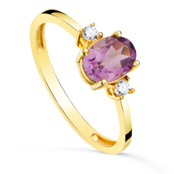 Anillo Mujer Amatista 7 x 5 mm en Oro Amarillo 18 Quilates Circonitas