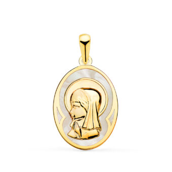 Medalla Virgen Niña 17 x 12 mm Oro Amarillo 18 Quilates Nácar