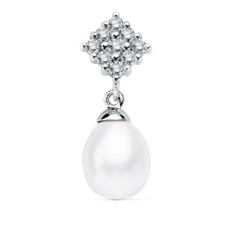 Colgante 22 x 8 mm con Cuajo de Circonitas y Perla en Oro Blanco 18 Quilates - Imagen 1